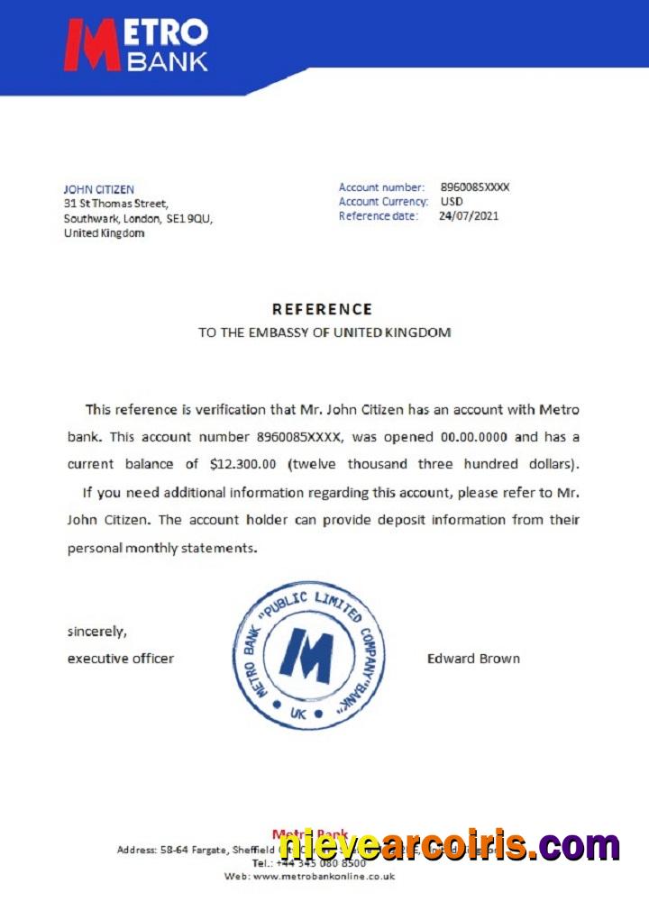 United Kingdom Metro bank reference